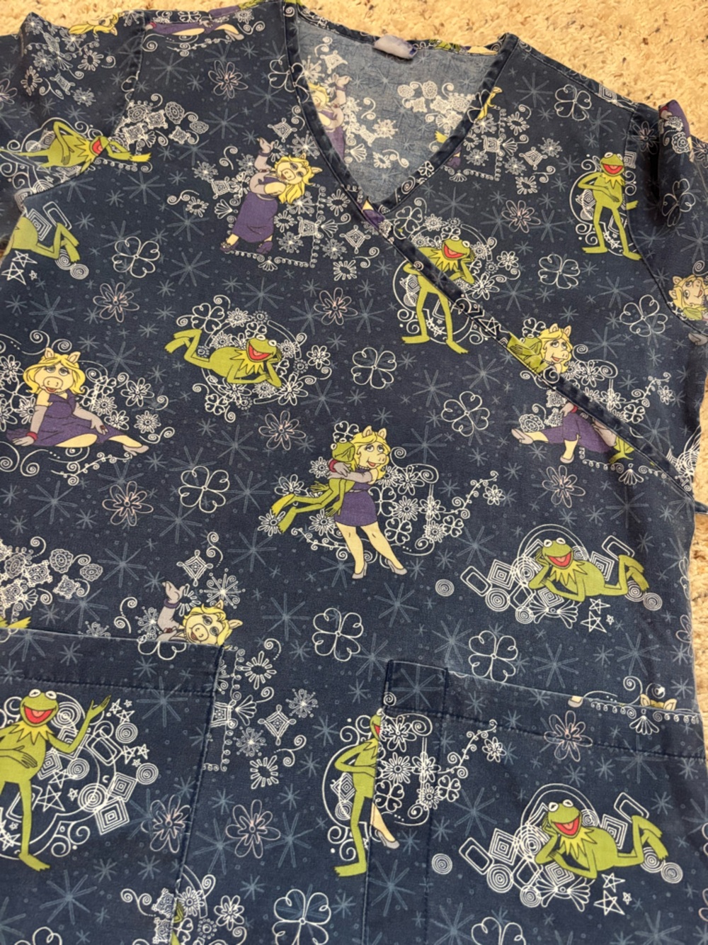 Disney Navy Scrub Top with Kermit & Miss Piggy Print